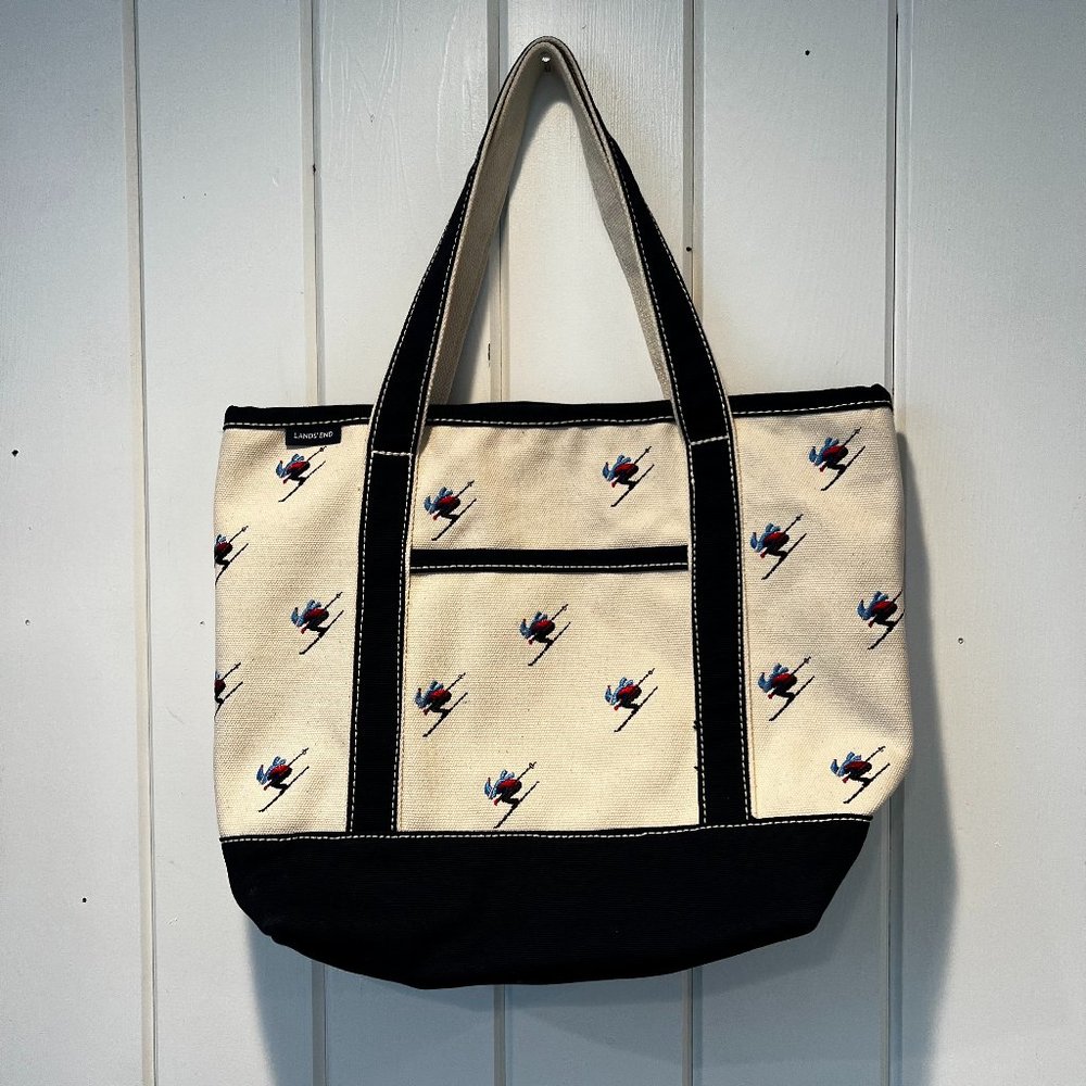 Lands’ End Skier Ski Canvas Tote Shoulder Bag Navy Cream